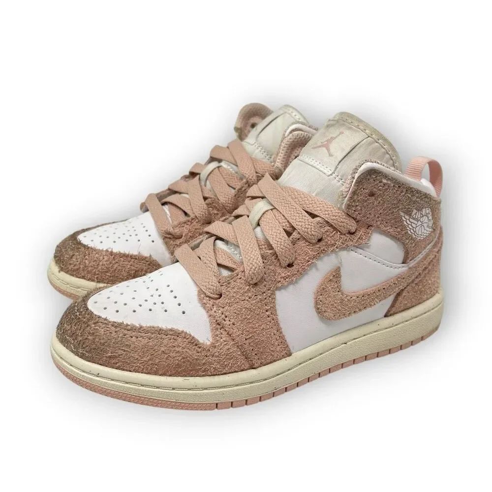 Nike Air Jordan 1 Mid SE GS Pink Oxford White Suede FN7493-161 Child Size 12C